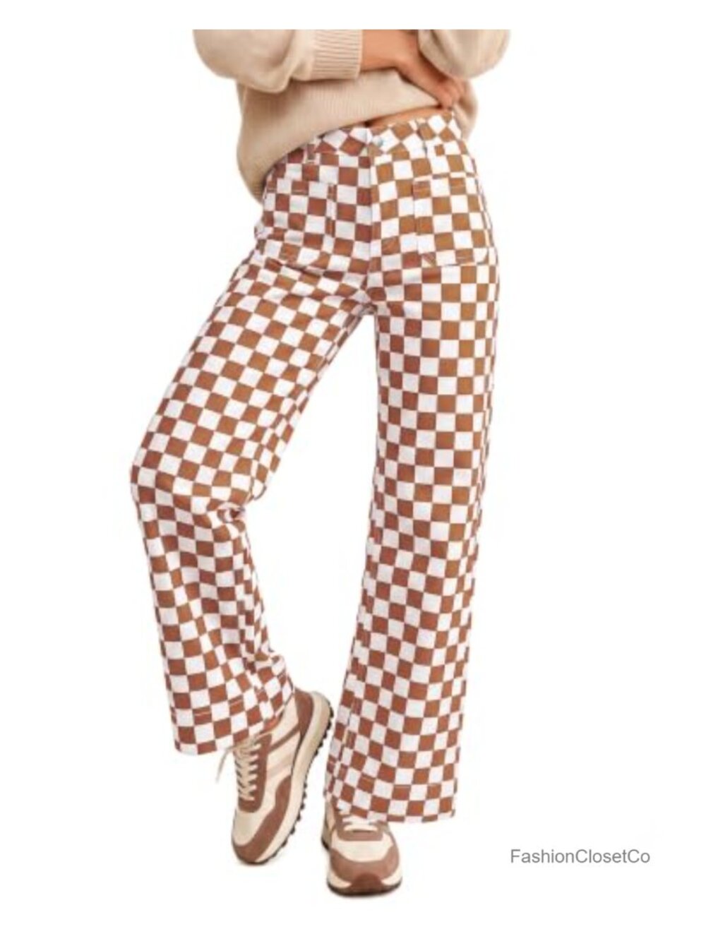Women's High Rise Wide Leg Stretchy Checkered Jeans